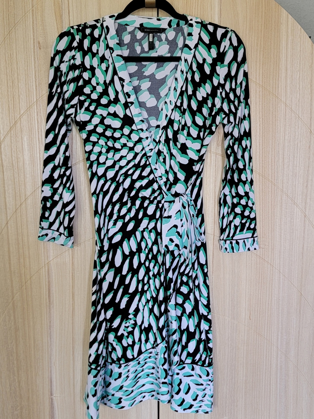 BCBGMaxAzria Mint Green, Black & White Abstract Wrap Dress